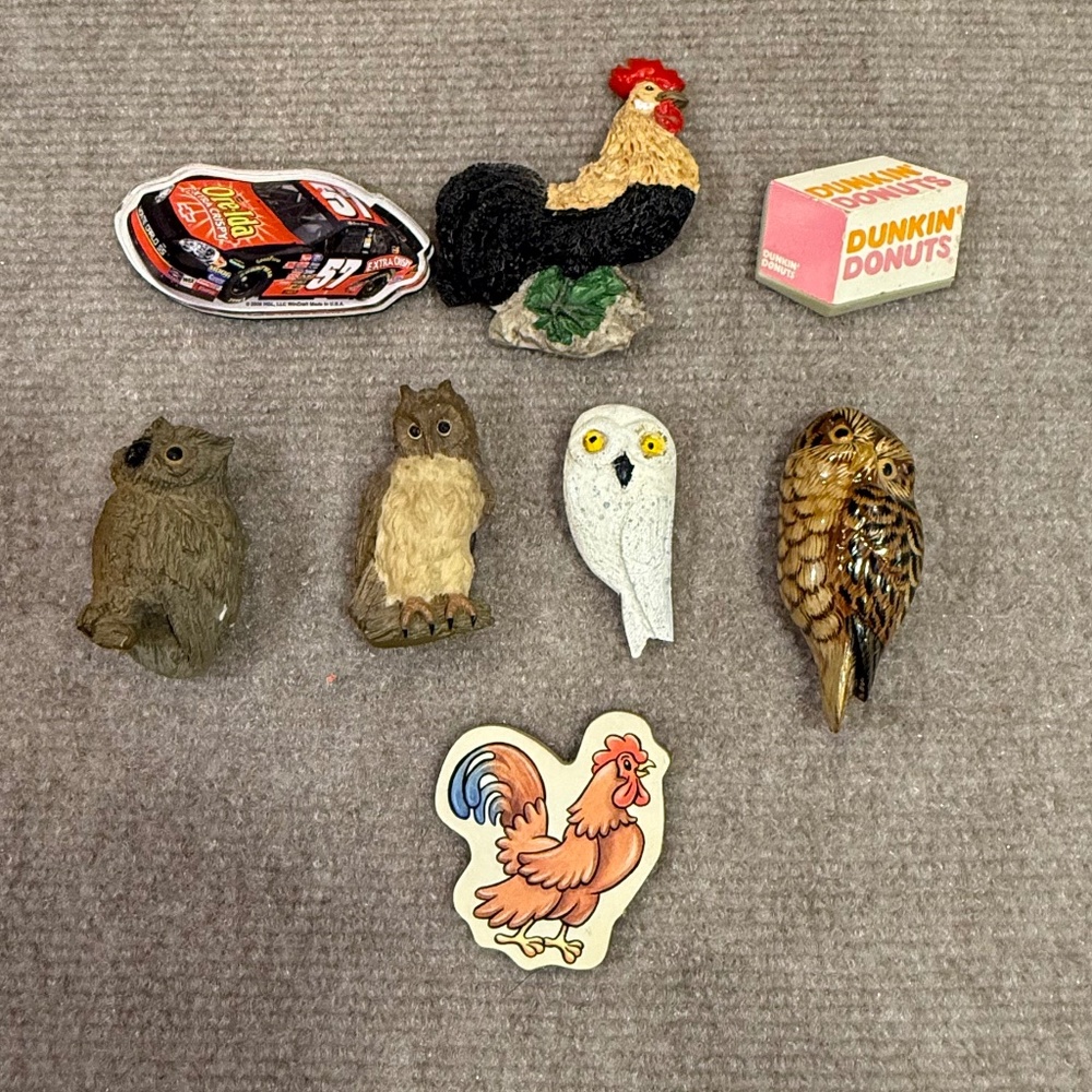Vintage 1980s Dunkin' Donuts, Rooster, Owl, Nascar Refrigerator Magnets Set of 8
